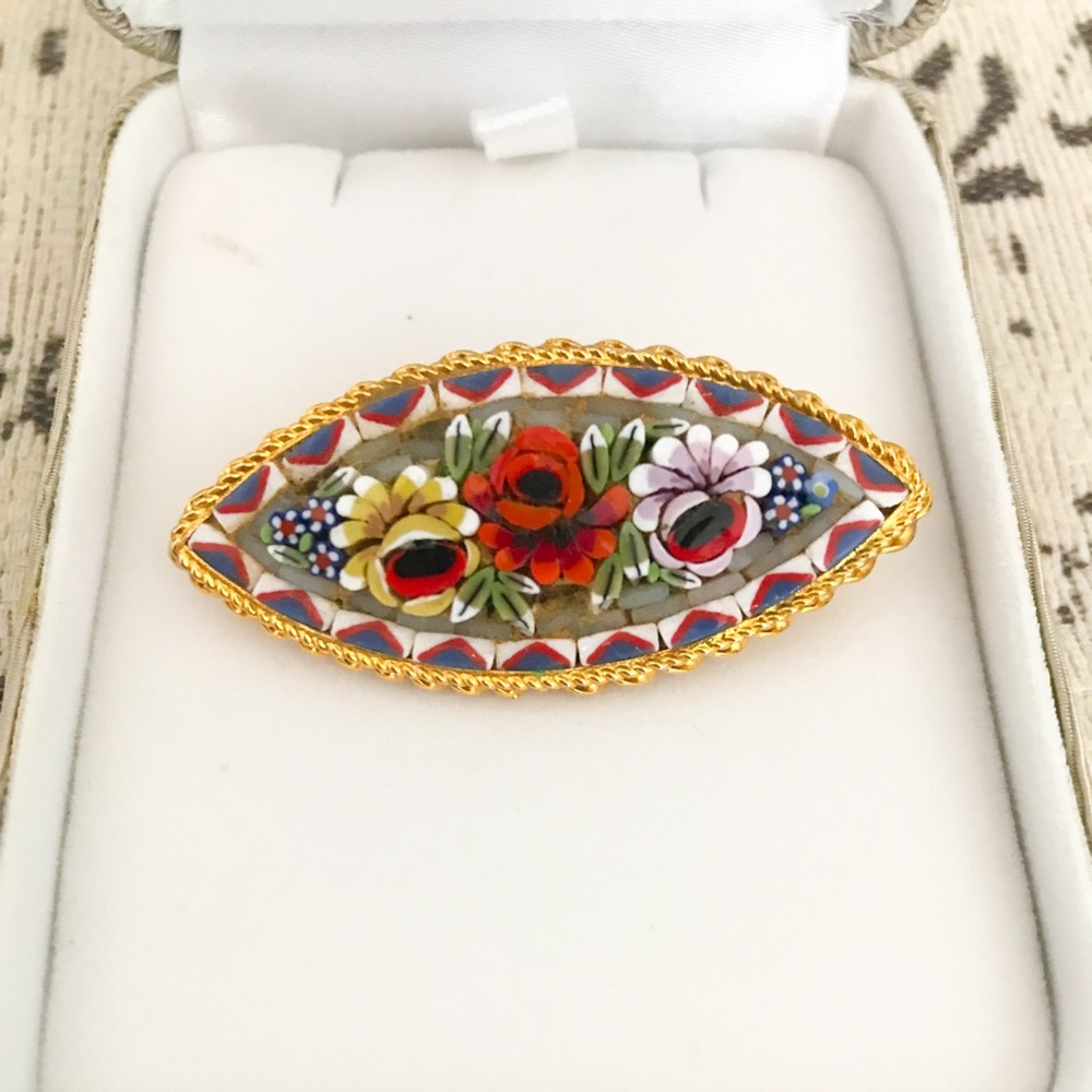 Vintage Antique Italian Mosaic Floral Brooch